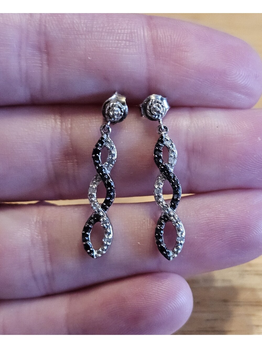 Sterling Silver Infinity Drop Earrings with Black and White Diamonds